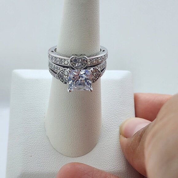 Brand New Sterling Silver 925 Square 3 Heart 2pc Set Ring - Picture 4 of 6